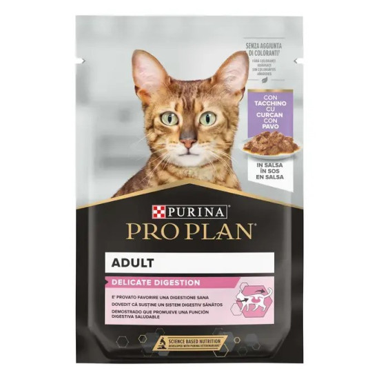 Purina Pro Plan Adult Cat Delicate Digestion – Hrană Umedă pentru Pisici cu Digestie Sensibilă, cu Curcan – 85 g (Plic)